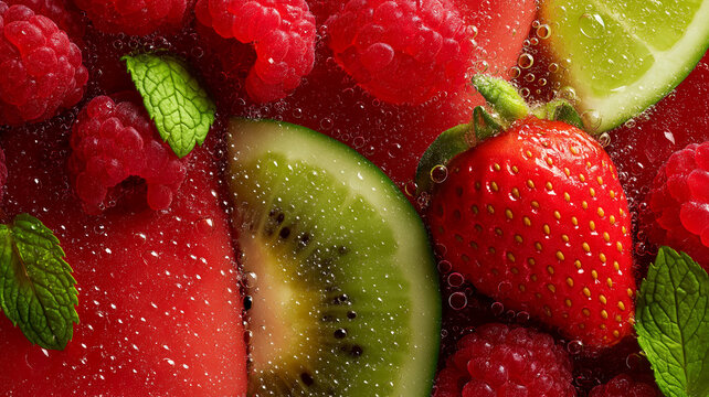 Bright red raspberries and strawberries dance with green lime and kiwi, creating a tasty splash Generative AI