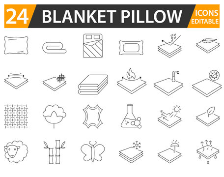 Blanket and pillow line icon set with editable strokes.