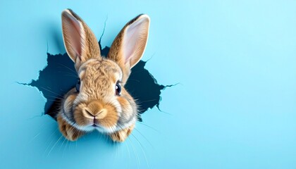 Rabbit peeking through torn hole in blue background&mdash;evoking curiosity, playfulness, and the symbolic choreography of surprise and discovery.