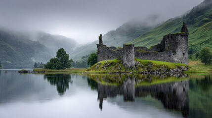 scottish highlands: lakes & castle ruins with swirling mist © mbo