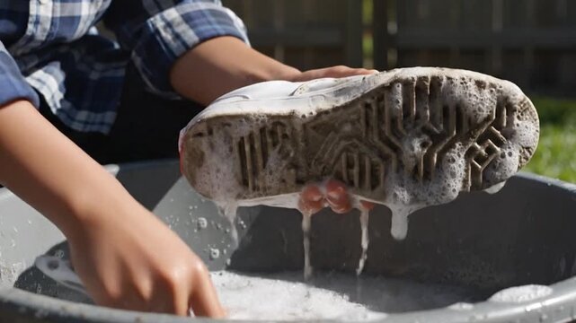 A person scrubs a dirty shoe with a brush and soapy water outside, in a gray basin