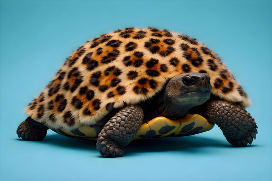 A surreal digital image of a tortoise with a fuzzy leopard-print fur shell instead of a hard carapace, set against a solid blue background.