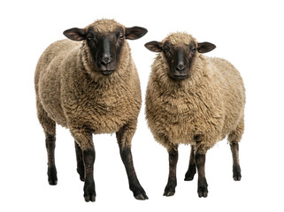 Fototapeta premium Two brown sheep standing side by side, front view livestock portrait on white studio background