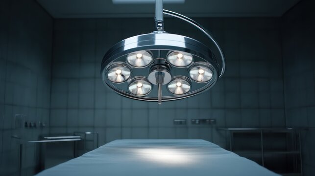 Sterile surgical lamp overhead illuminating an empty operating table Chrome reflections and subtle shadow play enhance realism while