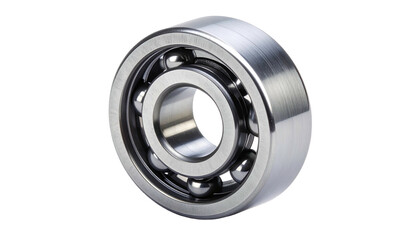 Close-up of a shiny, metallic ball bearing on a black background, with visible inner workings