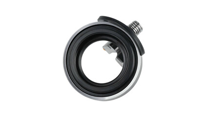 Circular black and silver mechanical component, isolated on black background