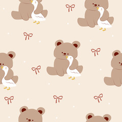 seamless  a bear hugs a duck pattern with bow and dot on light brown background , vector , illustration © Thita