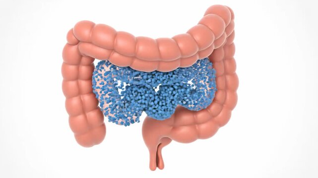 3D animation illustrating beneficial probiotics populating the small intestine for improved digestion and gut microbiome balance.