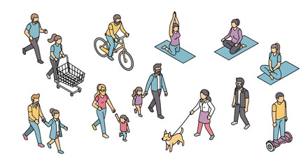 Naklejka premium Isometric illustrations of people engaged in various everyday activities and hobbies, including shopping, cycling, yoga, and walking pets.