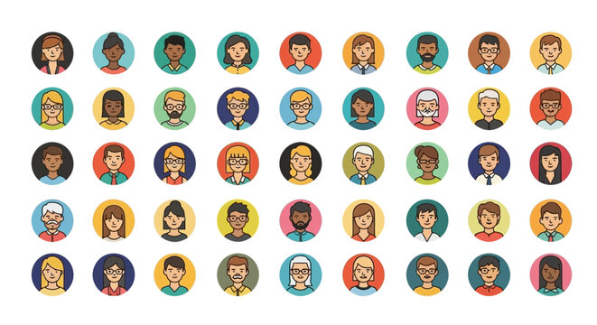 A diverse collection of cartoon avatars representing people of various ethnicities, ages, and genders in a grid layout.