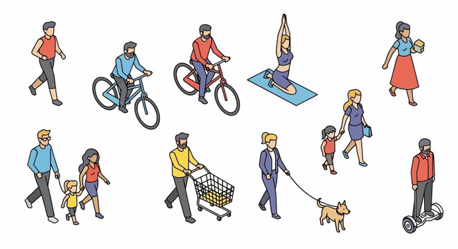 Isometric illustration of diverse people engaged in various activities like walking, cycling, yoga, and shopping, showcasing a vibrant community lifestyle.