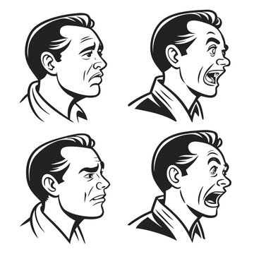 Four distinct expressions of a man with a headband in black and white Vector