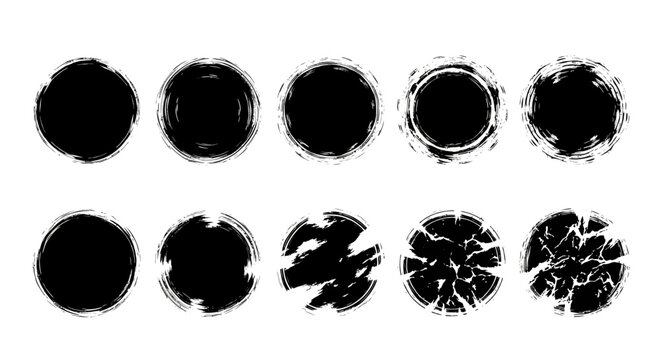 A collection of ten black ink brush stroke circles with distressed and textured edges on a white background.