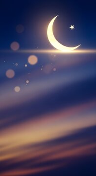 Glowing crescent moon and shining star in deep blue night sky, soft bokeh lights and warm horizon glow, serene Ramadan symbol of hope and spirituality