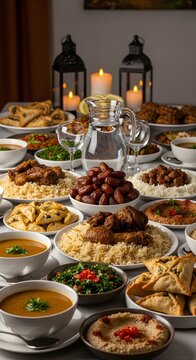 Lavish Ramadan iftar feast table: lamb tagine with apricots on couscous, dates platter, harira soup, sambusa, hummus, fresh salads, candles, and Moroccan lanterns in cozy warm lighting.