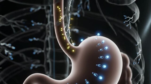 3D animation of the gut-brain axis. Digestion in stomach, nerve signals to brain. Illustrates vital communication for human health.