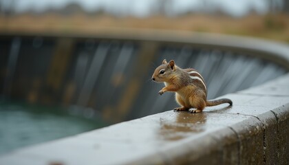 A Wet Chipmunk Stands on a Concrete Ledge Near Water in a Park on a Cloudy Day