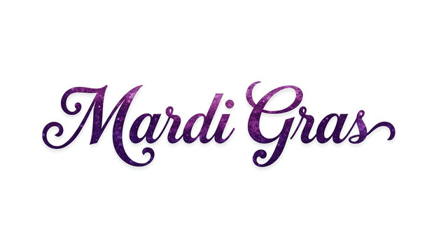 Mardi gras stylized text in purple script font
