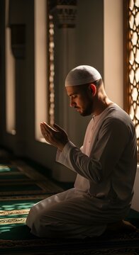 A Muslim man is kneeling in prayer inside a mosque, wearing a white traditional robe and prayer cap. Soft sunlight enters through the mosque windows, creating a calm and spiritual atmosphere.