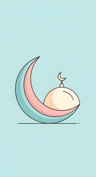 Minimal Ramadan illustration featuring a crescent moon and mosque dome with soft pastel colors on a clean background, perfect for modern Islamic posters, banners, and greeting designs.