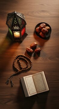 Ramadan still life featuring an open Quran, prayer beads, dates, and a glowing lantern on a wooden table, creating a warm and spiritual atmosphere for Islamic worship and iftar concepts.