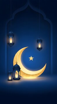 Elegant Ramadan background with a glowing golden crescent moon, hanging lanterns, and a star on a deep blue night backdrop, creating a peaceful Islamic atmosphere with copy space.