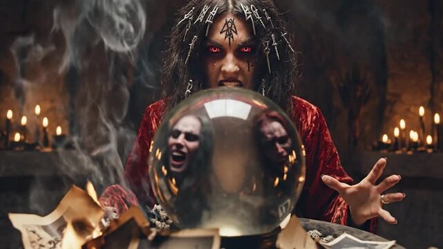 A sorceress in a mystical ritual conjures a vision with burning photos, smoky aura, and red eyes