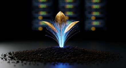 Sprouting Seedling with Golden Leaves and Blue Light in Dark Soil Environment