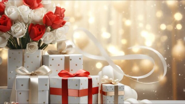 Elegant White Day celebration with beautifully wrapped presents and a bouquet of red and white blossoms, symbolizing heartfelt appreciation and romantic gestures