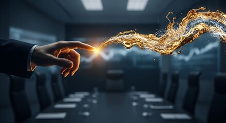 Businessman's Hand Touching Fiery Energy Wave in Modern Boardroom, Concept of Innovation and Transformation