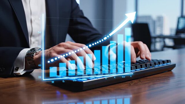 Professional typing with growing graph overlay for commercial finance