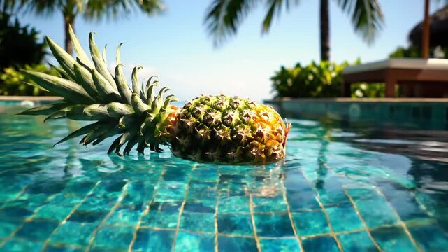 Pineapple Floating in Tropical Pool with Palm Trees and Lounge Chairs