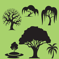 A collection of diverse tree silhouettes against a vibrant green background.