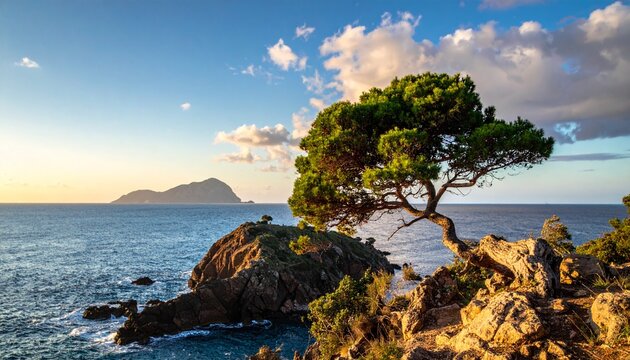 Coastal scene featuring an island in the distance, a tree on rocky land, and ocean