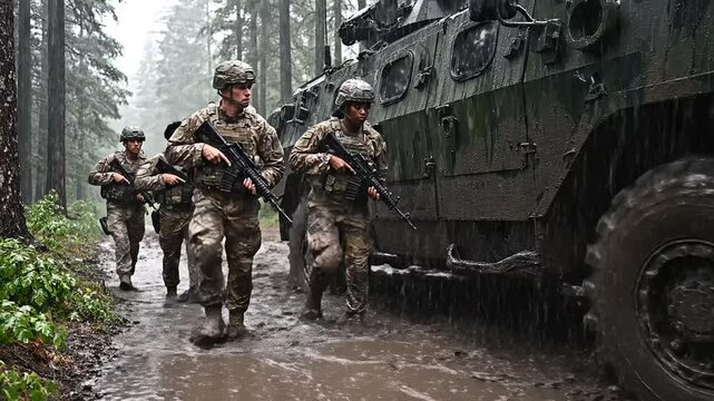 Armed military soldiers patrolling in rainy forest environment alongside heavy armored combat vehicle during training mission.
