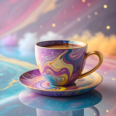 Fototapeta premium Elegant gold-rimmed teacup with saucer on reflective surface in dreamy pastel galaxy background