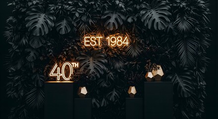 Vintage neon sign anniversary celebration 40 years established 1984 in tropical jungle foliage dark moody lighting