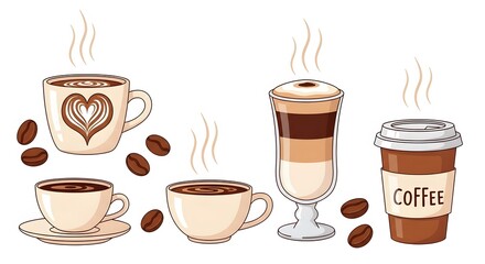 Obraz premium Coffee Cup Vector Set with Latte Art, Takeaway Cups, Coffee Beans and Cafe Drinks, Flat Cartoon Illustration Isolated on White Background