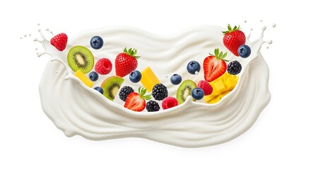 Colorful Fruit Medley in Creamy Yogurt Splash on White Background.