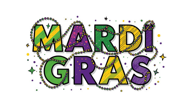 Fun and colorful mardi gras text design with beads and stars illustration