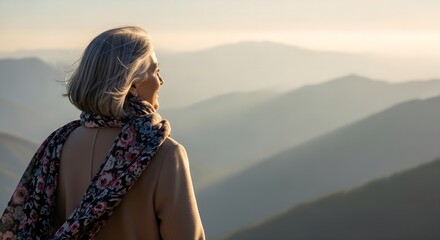 Mature woman with scarf admiring scenic mountain landscape at golden hour outdoor travel adventure