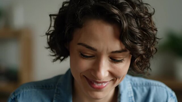 A beautiful young woman with a genuine smile and bright eyes radiates joy and contentment indoors.