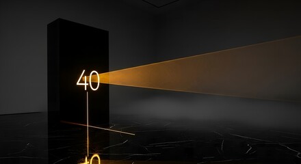 Glowing Number 40 Projected Onto Dark Screen with Light Beam in Futuristic Dark Room, Abstract Concept