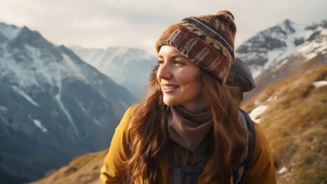 A woman is hiking in the mountains, smiling and appreciating the views. She wears a warm jacket and hat and walks along a path. Other hikers are visible in the distance.