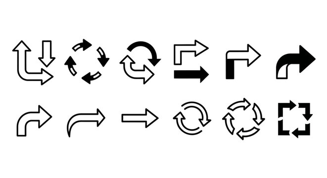 A collection of various arrow icons depicting different directions, turns, and rotation symbols in both outlined and filled styles.