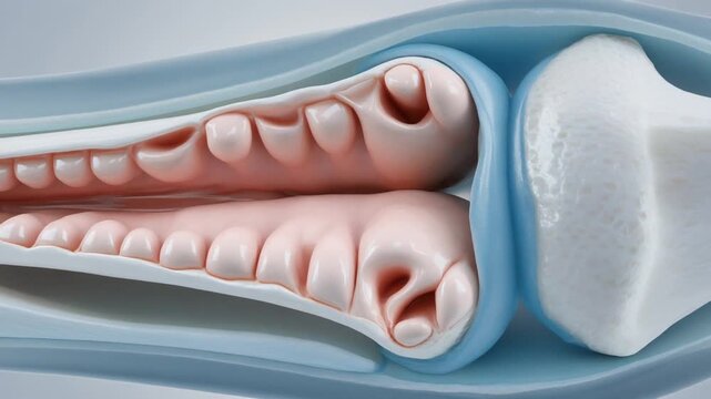 Detailed anatomical illustration of a human joint showing synovial folds and cartilage.