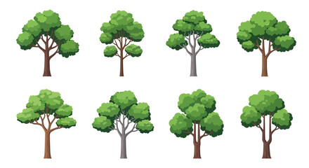 Fototapeta premium Eight cartoon-style green trees with varying shapes and trunk colors, isolated on a white background, representing diverse foliage.