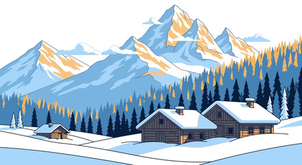 Fototapeta premium Winter landscape with snow-covered mountains, pine forests, and cozy wooden cabins under a clear sky.