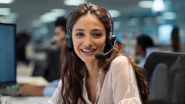 Smiling female Indian employee multitasking at a modern office while providing customer support during business hours