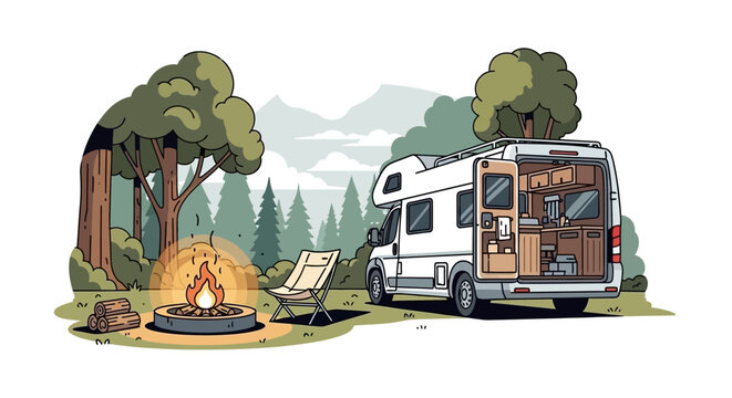 Camper van parked in a forest campsite with a glowing campfire and an open back revealing a cozy interior, surrounded by trees and mountains.